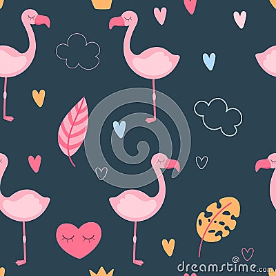 Seamless pattern with pink flamingos, leaves color hearts and clouds Vector Illustration