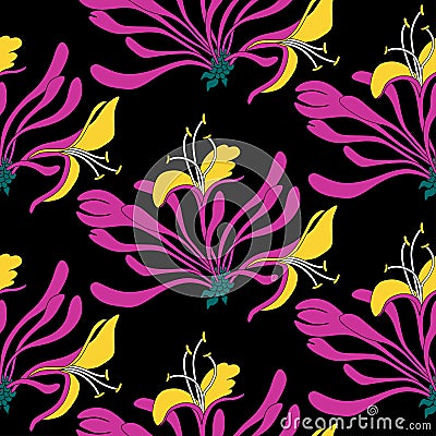 Seamless pattern. Pink flowers lonicera on black background. Vector Eastern illustration. Vector Illustration