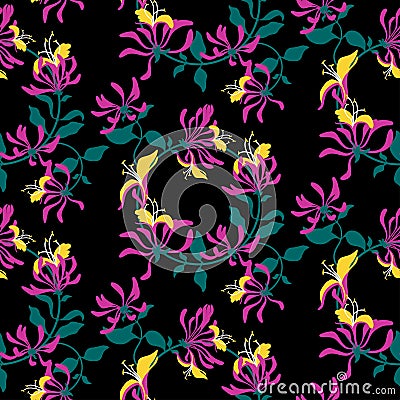 Seamless pattern. Pink flowers lonicera. Vector background. Vector Illustration