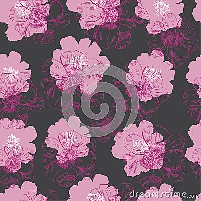 Seamless pattern with pink flowers of peony and abstract spots. Hand drawn ink sketch. Pink objects on dark grey background Vector Illustration