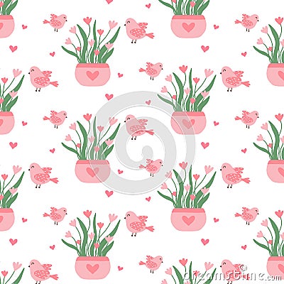 Seamless pattern with pink flowers in a pot. Vector Illustration