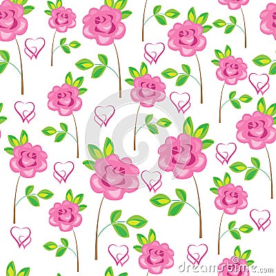 Seamless pattern. Pink flowers, roses and hearts. Suitable as wallpaper, as a gift wrapping for Valentine`s Day. Creates a festiv Cartoon Illustration