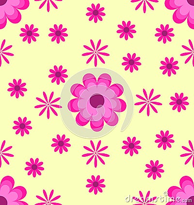 Seamless pattern pink flowers on yellow background Vector Illustration