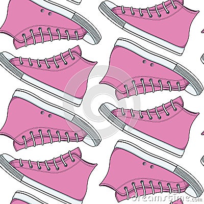 Seamless pattern with pink girls sneakers, gumshoes. Vector background. Vector Illustration