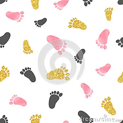 Seamless pattern with pink and golden baby footprints. Vector Illustration