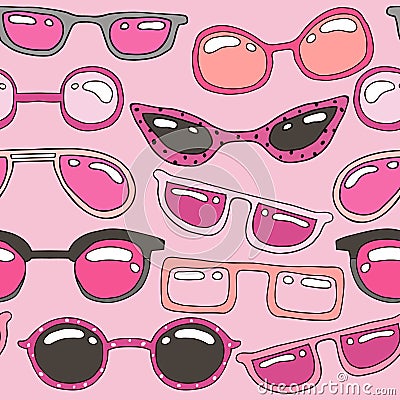 Seamless pattern with pink hand drawn sunglasses. Beauty summer texture. Perfectly look on fabric, web, textile, etc. Vector Illustration
