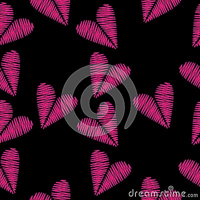 Seamless pattern with pink heart embroidery stitches imitation on Vector Illustration