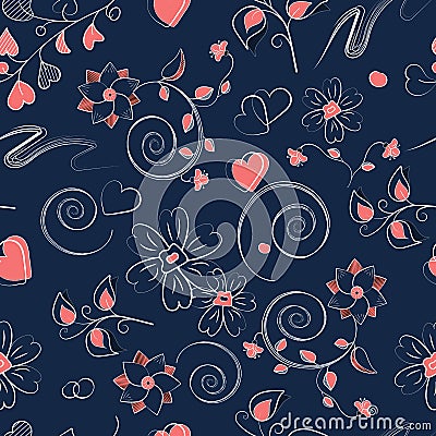 Seamless pattern with pink hearts, curls and flowers Stock Photo