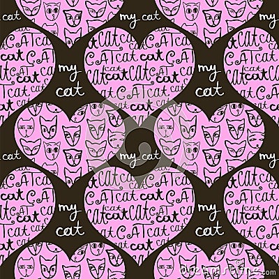 Seamless pattern of pink hearts decorated with cats. Vector Illustration