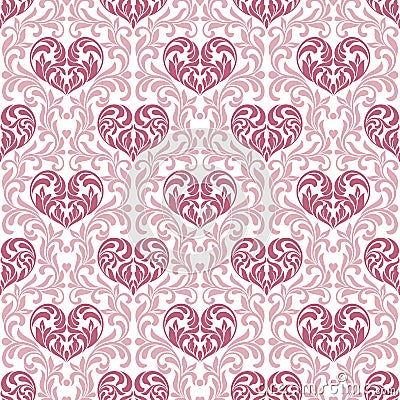 Seamless pattern. Pink hearts made in swirls, leaves and floral Vector Illustration