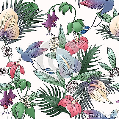 seamless pattern with pink, hibiscus, yellow and blue anthurium, with green leaves, with bird of paradise, tropical Stock Photo