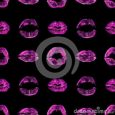 Seamless pattern pink lipstick kiss print black background isolated, purple sexy lips makeup stamp repeating ornament, red kisses Stock Photo