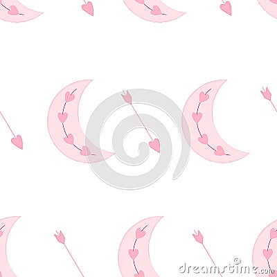 Seamless pattern with pink moon and amour arrow. Flat vector for valentines day Vector Illustration