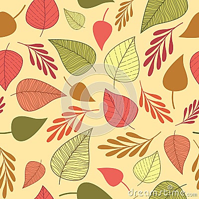 Seamless pattern with pink,orange,brown and green leves on a beige background Vector Illustration