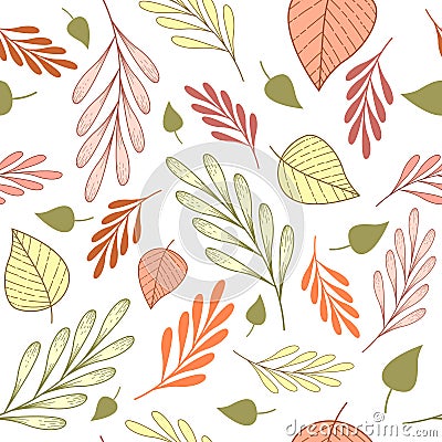 Seamless pattern with pink,orange and green branches and leves on a white background Vector Illustration