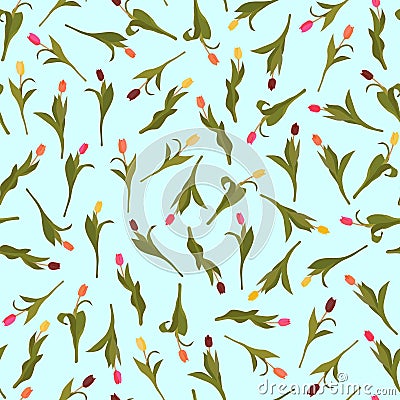 Seamless pattern of pink, orange, yellow and dark red tulips painted by hand on blue background. Vector Illustration