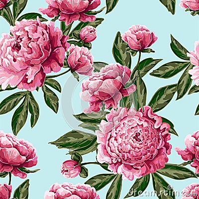 Seamless pattern with pink peonies. Delicate fashion illustration. Vector Illustration