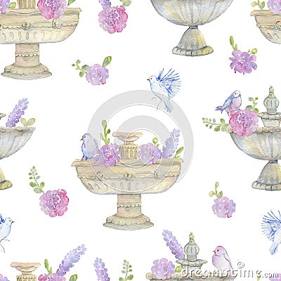 Seamless pattern with pink peonies, roses, birds and antique garden urns. Romantic flowers and vintage sculpture. Gentle backgroun Cartoon Illustration