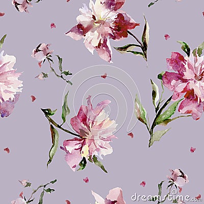 Seamless pattern with pink peonies and small hearts. Watercolor painting. Stock Photo