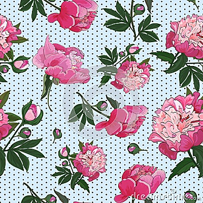 Seamless pattern with pink peonies on small polka dot background. Vector. Vector Illustration