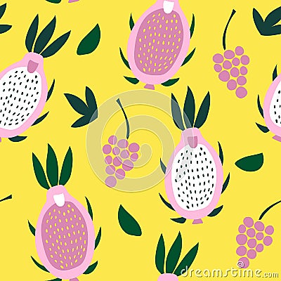 Seamless pattern of pink pitaya and grapes on a bright yellow background. Vector Illustration