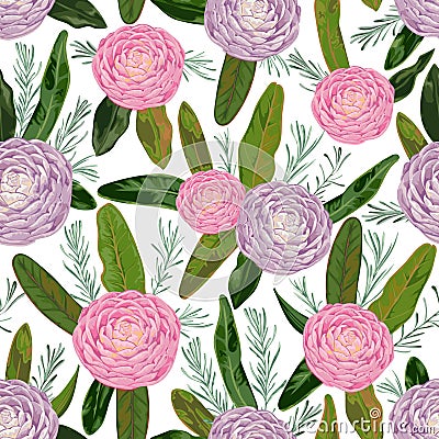 Seamless pattern with pink and purple camellia flowers, rosemary and protea leaves. Decorative holiday floral background. Vector Illustration