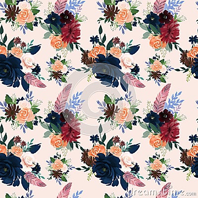 Seamless pattern with pink red burgundy marsala Navy Blue flowers and leaves floral feathers pattern for wallpaper Stock Photo