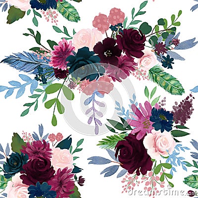 Seamless pattern with pink red burgundy marsala Navy Blue flowers and leaves floral feathers pattern for wallpaper Stock Photo