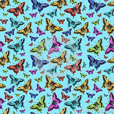 Seamless pattern of pink, red, green, yellow butterfly Cartoon Illustration