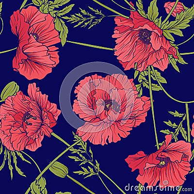 Seamless pattern with pink and red poppy flowers in botanical st Vector Illustration