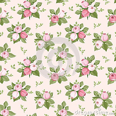 Seamless pattern with pink rose buds and leaves. Vector Illustration