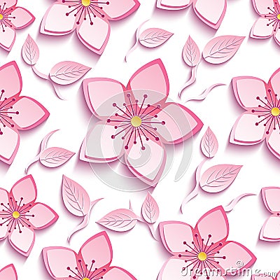 Seamless pattern with pink sakura and leaves Vector Illustration