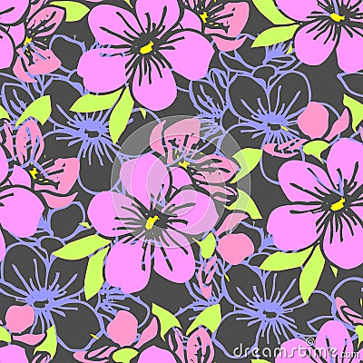 seamless pattern of pink silhouettes and blue contours of flowers on a gray background Vector Illustration