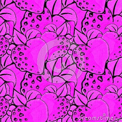 Seamless pattern of pink strawberries. Handmade on paper with markers and liner. Stock Photo