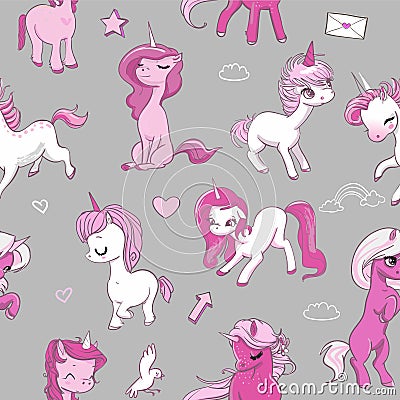 Seamless pattern with pink unicorns Vector Illustration