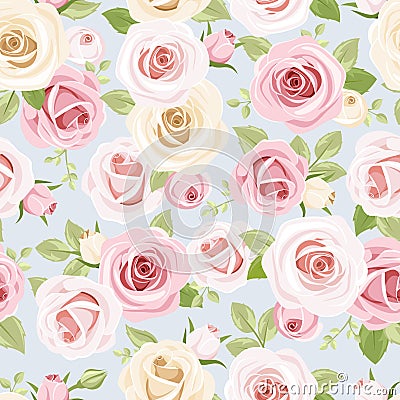 Seamless pattern with pink and white roses on blue. Vector illustration. Vector Illustration