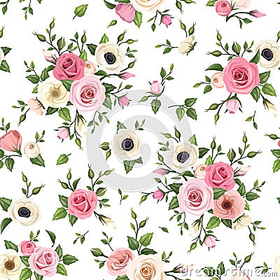 Seamless pattern with pink and white roses, lisianthus and anemone flowers. Vector illustration. Vector Illustration