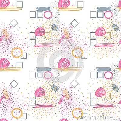 Seamless pattern with pink, yellow, blue abstract brush strokes on white isolated background. Stock Photo