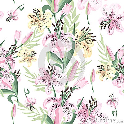 Seamless pattern with pink and yellow lily. Vector Vector Illustration