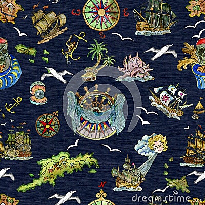 Seamless pattern with pirate adventures concept, treasure islands, old sailing ships, nautical symbols on blue Cartoon Illustration