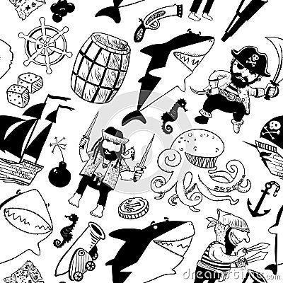 Seamless pattern with pirates and sharks Vector Illustration