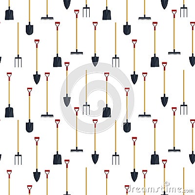 Seamless pattern pitchfork rake shovel spade flat tool icon logo illustration. Set farming equipment background. Garden ins Cartoon Illustration