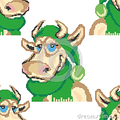 Seamless pattern pixel bull in a New Year`s green hat and scarf. Design is suitable for wallpaper in a nursery Vector Illustration