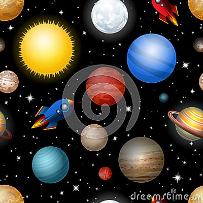 Seamless pattern with planets and rockets Vector Illustration