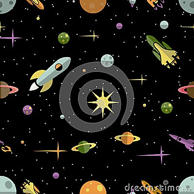 Seamless pattern with planets rockets and stars Vector Illustration