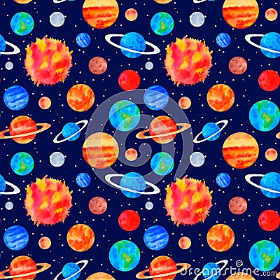 Seamless pattern of planets, solar system on blue background with stars Stock Photo