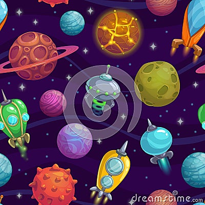 Seamless pattern with planets and space ships Stock Photo