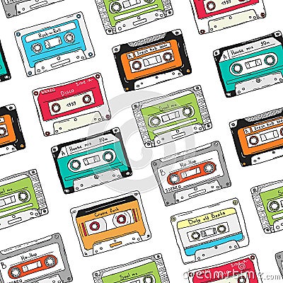 Seamless pattern, plastic cassette, audio tape with different music. Hand drawn colorful background, retro style. Vector Illustration