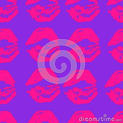 Seamless pattern of plastic pink lipstick kisses prints on proton purple background Vector Illustration