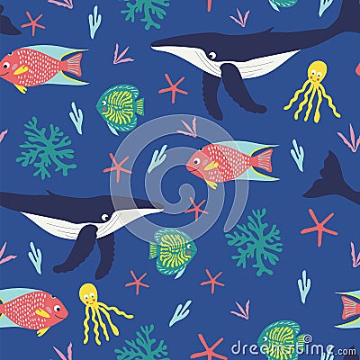 Seamless pattern of playful humback whales, happy tropical fish, octapus, and bright corals on a blue background. Vector Illustration